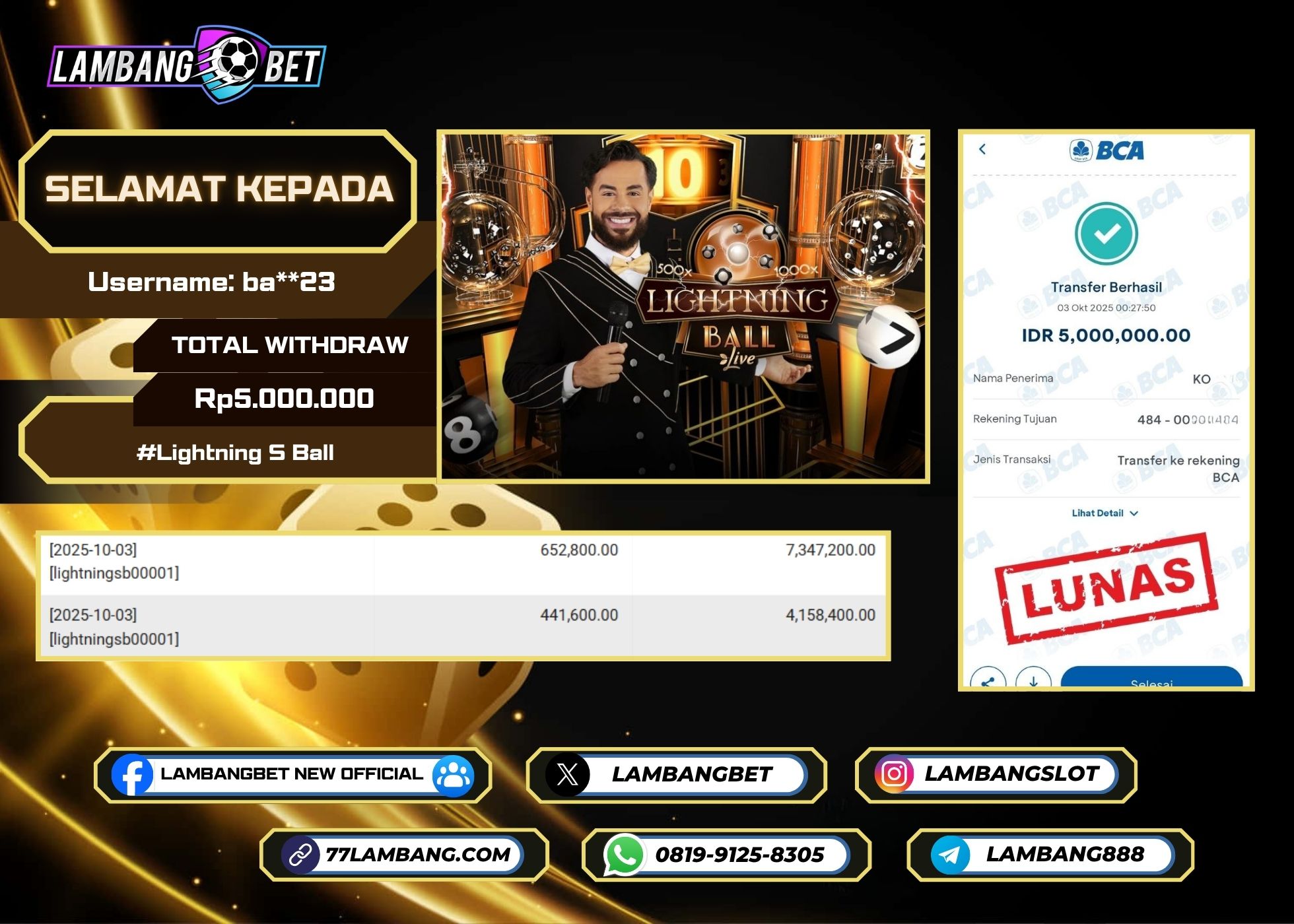 LAMBANGBET [3 OKTOBER 2025] JACKPOT LIVE CASINO Lightning S Ball "Rp5.000.000" LUNAS